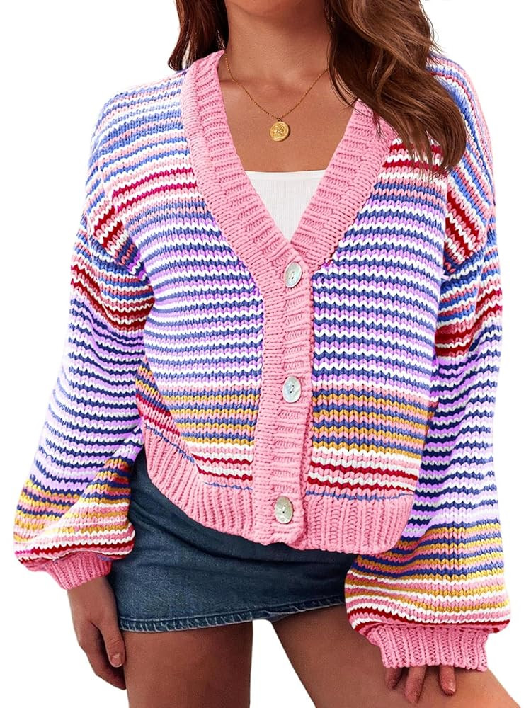 Saodimallsu Womens Striped Cardigan Sweaters Oversized Puff Sleeve Button Up V Neck Color Block K... | Amazon (US)
