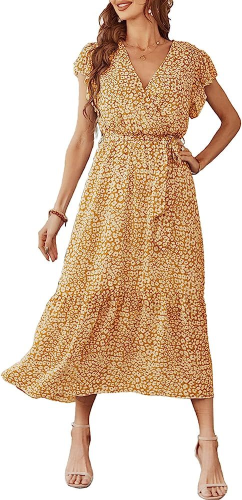 PRETTYGARDEN Women's Floral Summer Dress Wrap V Neck Short Sleeve Belted Ruffle Hem A-Line Bohemian  | Amazon (US)