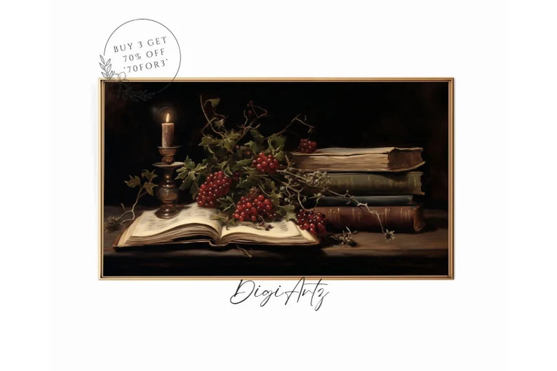 Samsung Frame TV Art Rustic Christmas Wall Decor Vintage Book Art Still Life Oil Painting Dark Ac... | Etsy (US)