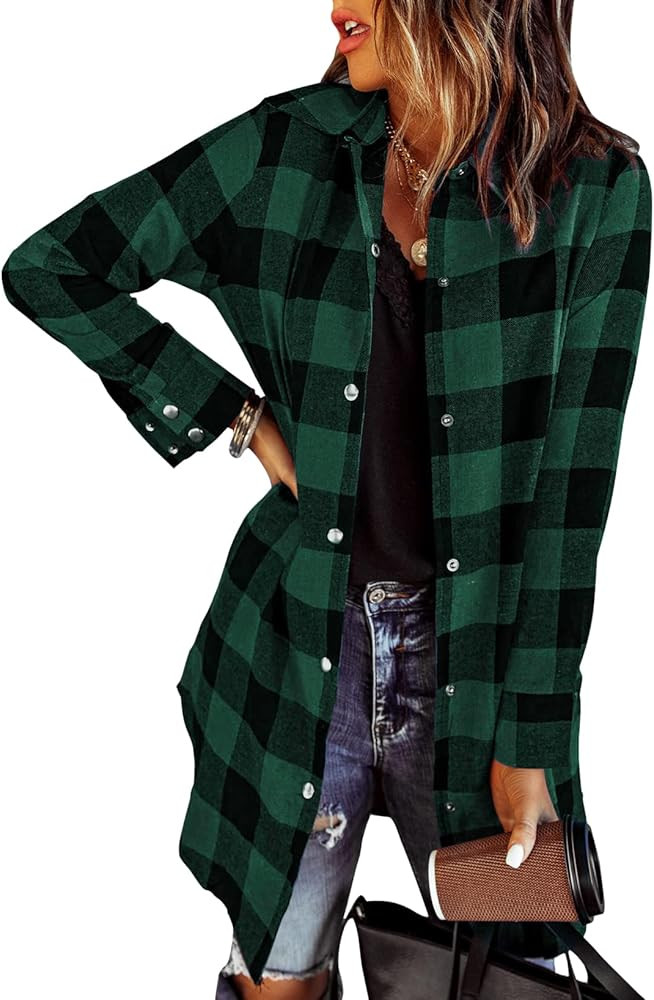 Zeagoo Flannel for Women 2025 Fall Fashion Long Sleeve Plaid Button Down Shirts Shacket Blouse To... | Amazon (US)