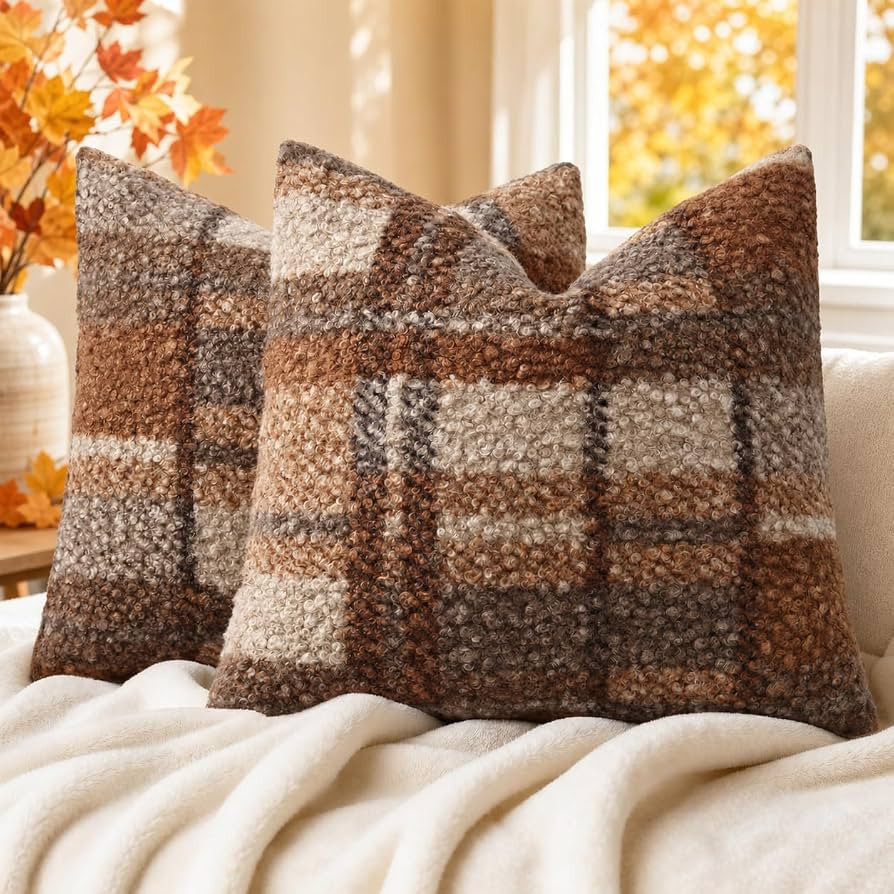 decorUhome Faux Fur Plaid Throw Pillow Covers 18X18 Set of 2 Autumnal | Amazon (US)