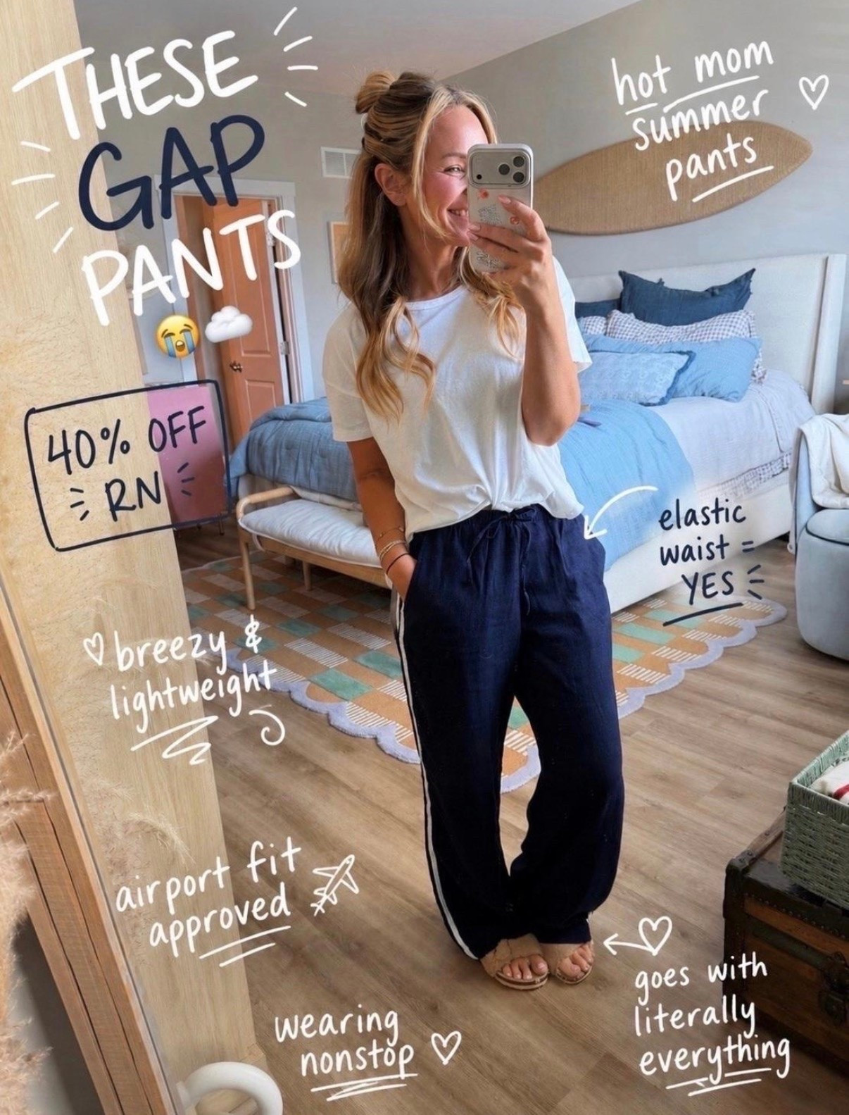 The pants that somehow make me feel put together while still feeling like pajamas 🤍

These Gap linen-blend pants have been on repeat lately. Lightweight, breezy, an elastic waist (the real MVP), and they go with literally everything from a basic tee to a tank and sandals.

Bonus: they’re currently 40% off and giving effortless “cool mom on vacation” energy. ✈️