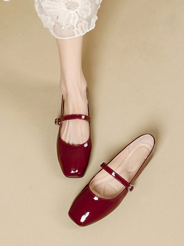 Zapatos Casuales De Mujer De Punta Cuadrada, Sin Cordones, De Color Negro, Versátiles Para Oficina, Actividades Al Aire Libre, De Alta Calidad, Cómodos, Tipo Bailarina "Mary Jane", Para Fiestas/Bodas, En Color Rojo | SHEIN