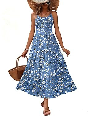Zeagoo Womens Summer Long Dress Adjustable Spaghetti Strap Floral Casual Dress with Pockets Flowy... | Amazon (US)