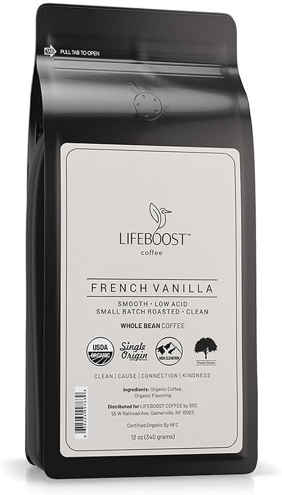 Lifeboost French Vanilla Low Acid Coffee Beans, Certified Organic, 12oz | Amazon (US)
