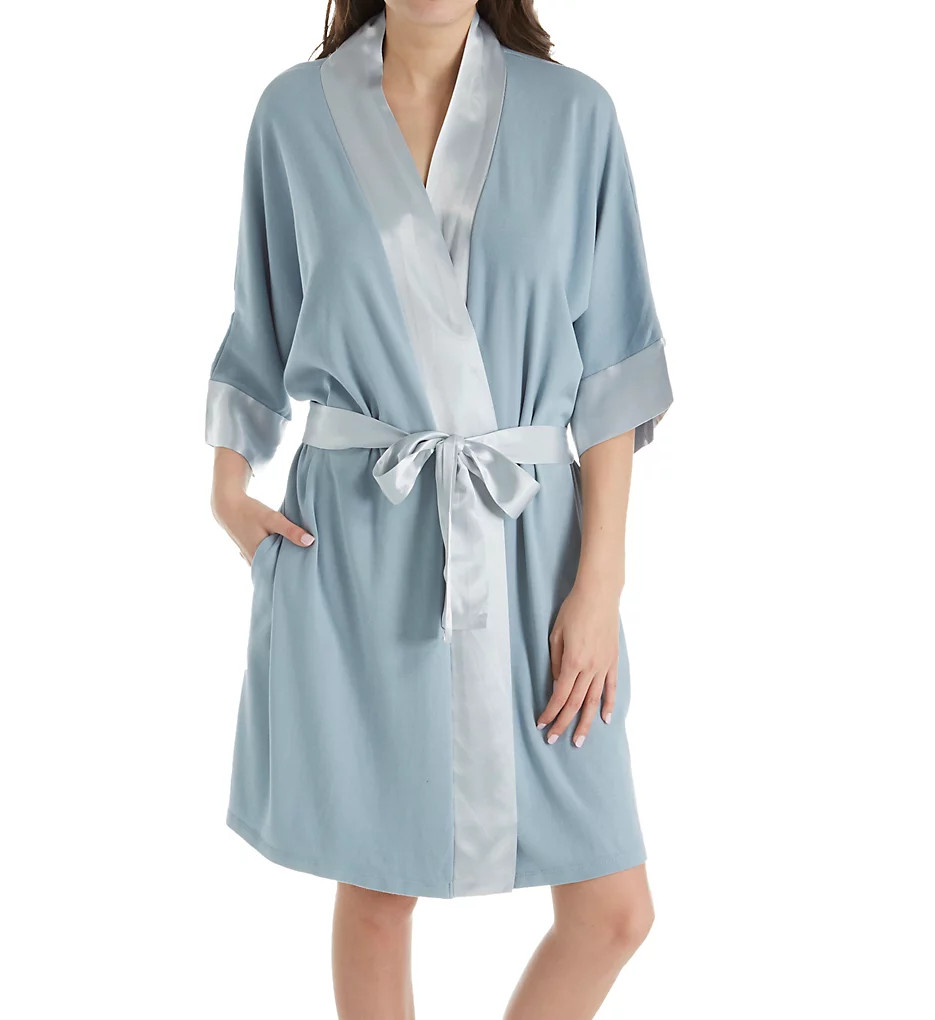PJ Harlow Women's Knit Robe With Pockets And Satin Trim in Morning Blue | Size XS/S | HerRoom.com | HerRoom