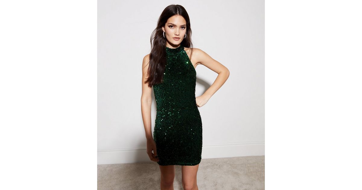 Dark Green Halter Neck Sequin Mini Dress | New Look | New Look (UK)
