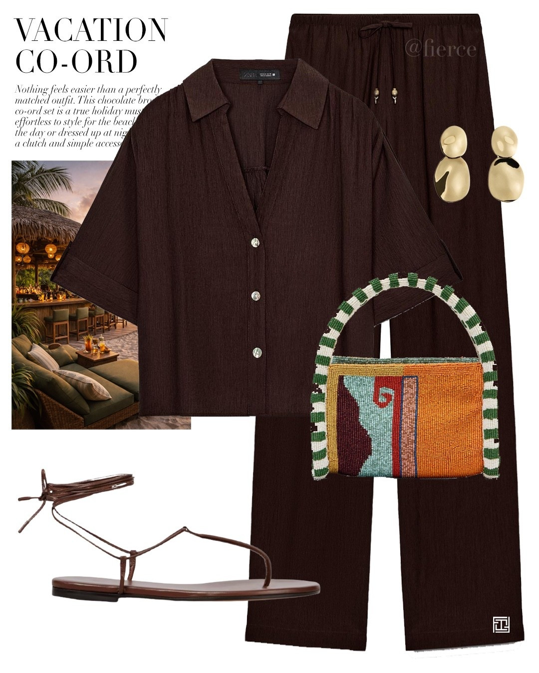 Chocolate brown co-ord set embellished bag strappy tie up lace up sandals resort wear dinner evening beach holiday outfit 

#LTKeurope #LTKuk #LTKtravel