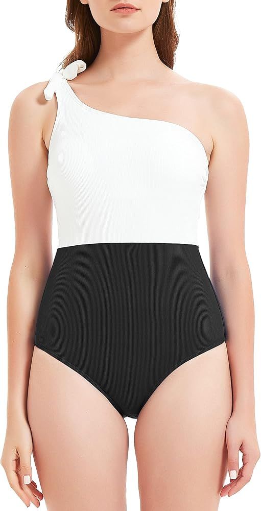 Annbon Women's Ribbed One Piece Swimsuit Color Block One Shoulder Bowknot Bathing Suit | Amazon (US)