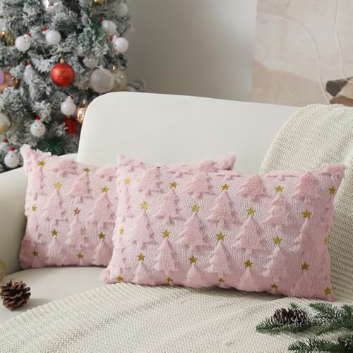 Allorry Christmas Pillow Covers 12 x 20 inch Set of 2 Pink Christmas Tree Pillow Covers Decorations Plush Faux Fur Soft Cushion Case for Winter Xmas Holiday Home Bedroom Sofa Decors PT004-E12 | Amazon (US)