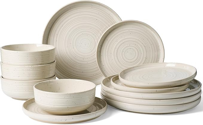 12-Piece Reactive Glaze Stoneware Dinnerware Sets for 4 - Coupe Plates and Bowls with Speckles & ... | Amazon (US)