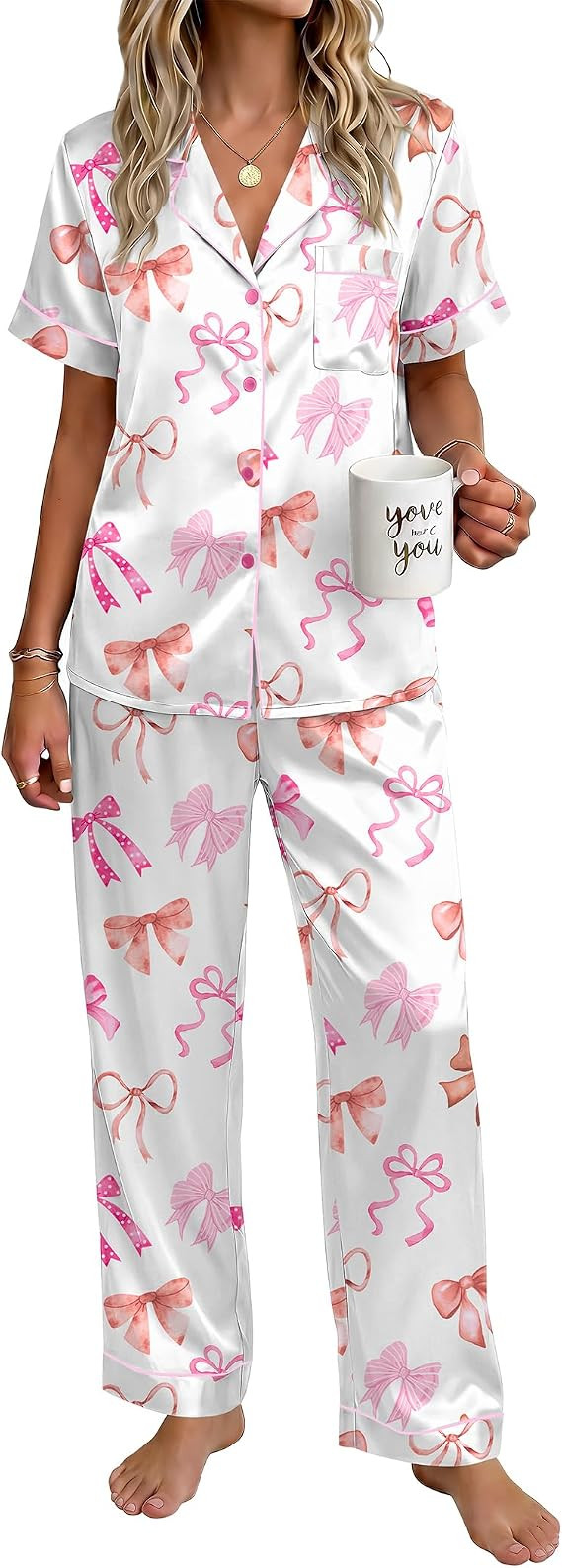 Ekouaer Womens Silky Satin Pajamas Set Short Sleeve Button Down Sleepwear 2 Piece Lounge Set Pj S... | Amazon (US)