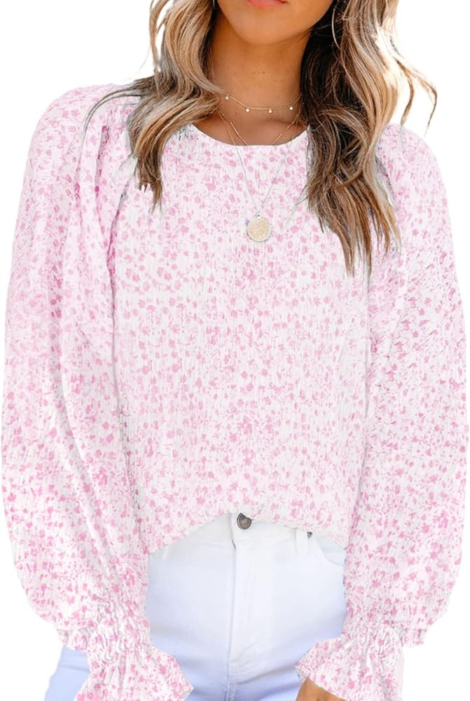Dokotoo Floral Print Blouses for Women Crewneck Smocked Puff Sleeve Shirts Casual Babydoll Tops | Amazon (US)