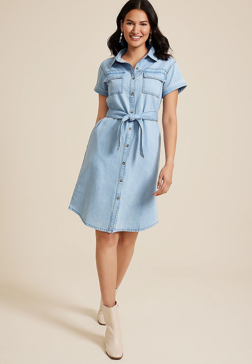 Denim Tie Waist Mini Shirt Dress | Maurices