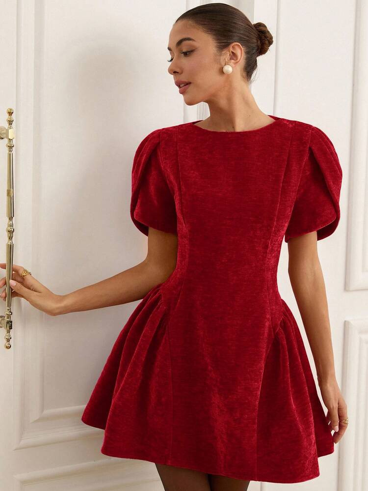 LocalAveloria Rosie Tulip 3D Short Sleeve Round Neck Hem Split Puff Skirt Mini Princess Dress For Women | SHEIN