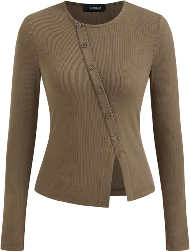 CIDER Women's Long Sleeve Tops Button Going Out Tops Trendy Split Hem Solid Shirts Casual Fall Ou... | Amazon (US)