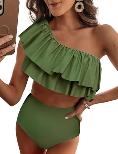 VIMPUNEC Ruffle One Shoulder Swimsuits for Women Striped High Waisted Two Piece Bathing Suits | Amazon (US)