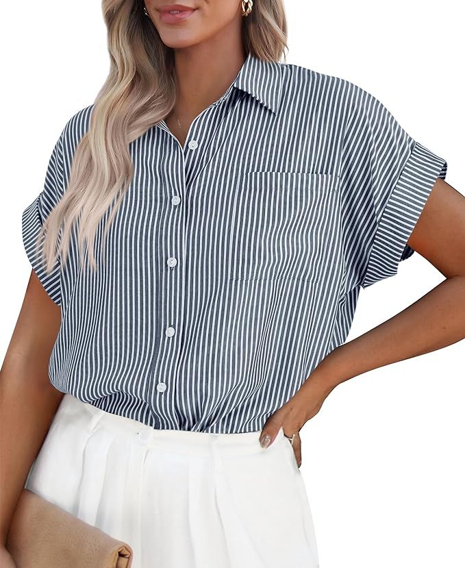 PRETTYGARDEN Striped Shirts Button Up Tops for Women 2024 Summer Short Sleeve V Neck Dressy Casua... | Amazon (US)