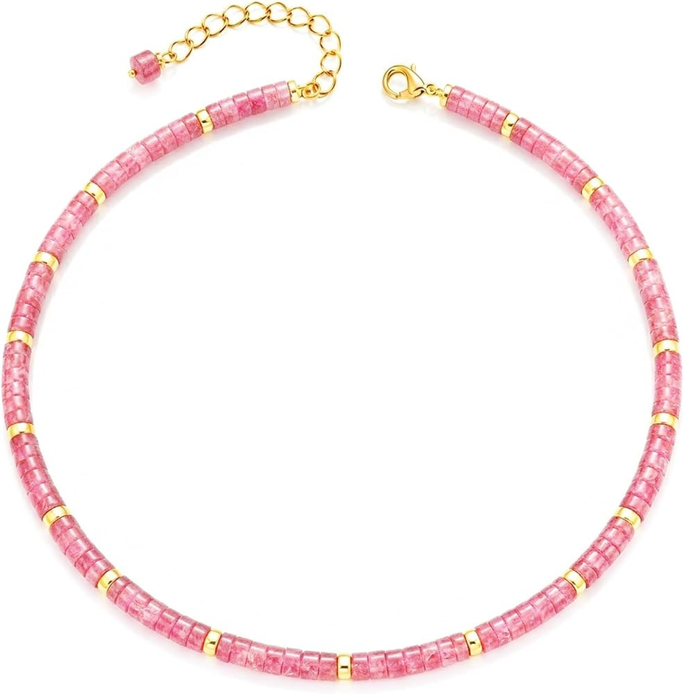 Natural Heishi Gemstone Choker Necklace for Women, Adjustable 15"+2" Beaded Layering Necklace, Co... | Amazon (US)