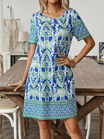 EMERY ROSE Dames vintage bloemmotief korte mouw ronde hals zomerjurk casual | SHEIN