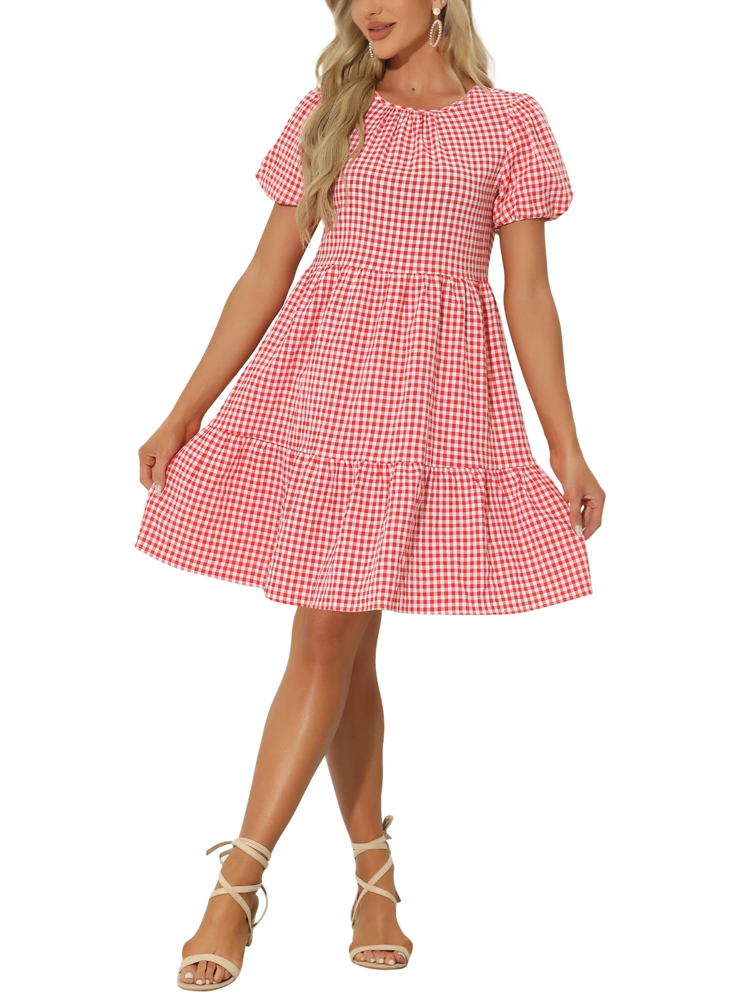 INSPIRE CHIC Plaid Puff Short Sleeve Dress for Women Crewneck High Waist Casual Tiered Dresses XS... | Walmart (US)