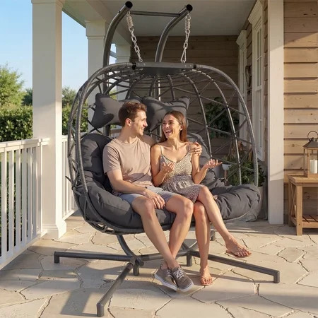 RADIATA Double Wicker Egg Swing Chair with Stand, 2-Person Hanging Egg Chair for Indoor/Outdoor, 700lbs Capacity, Thick Cushions & Headrest,Sturdy Metal Frame，Dark Gray | Walmart (US)