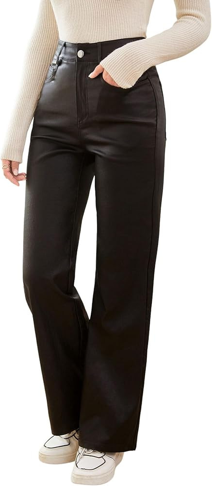 Verdusa Women's High Waist Leather Leggings Pocket Straight Wide Leg PU Pants | Amazon (US)