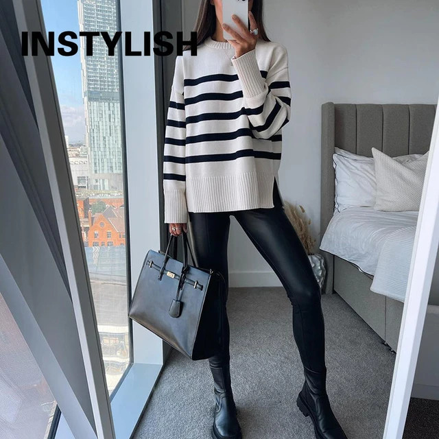 Women Elegant Striped Loose Sweater Y2K Streetwear O Neck Knitted Pullover Autumn Winter Vintage ... | AliExpress (US)