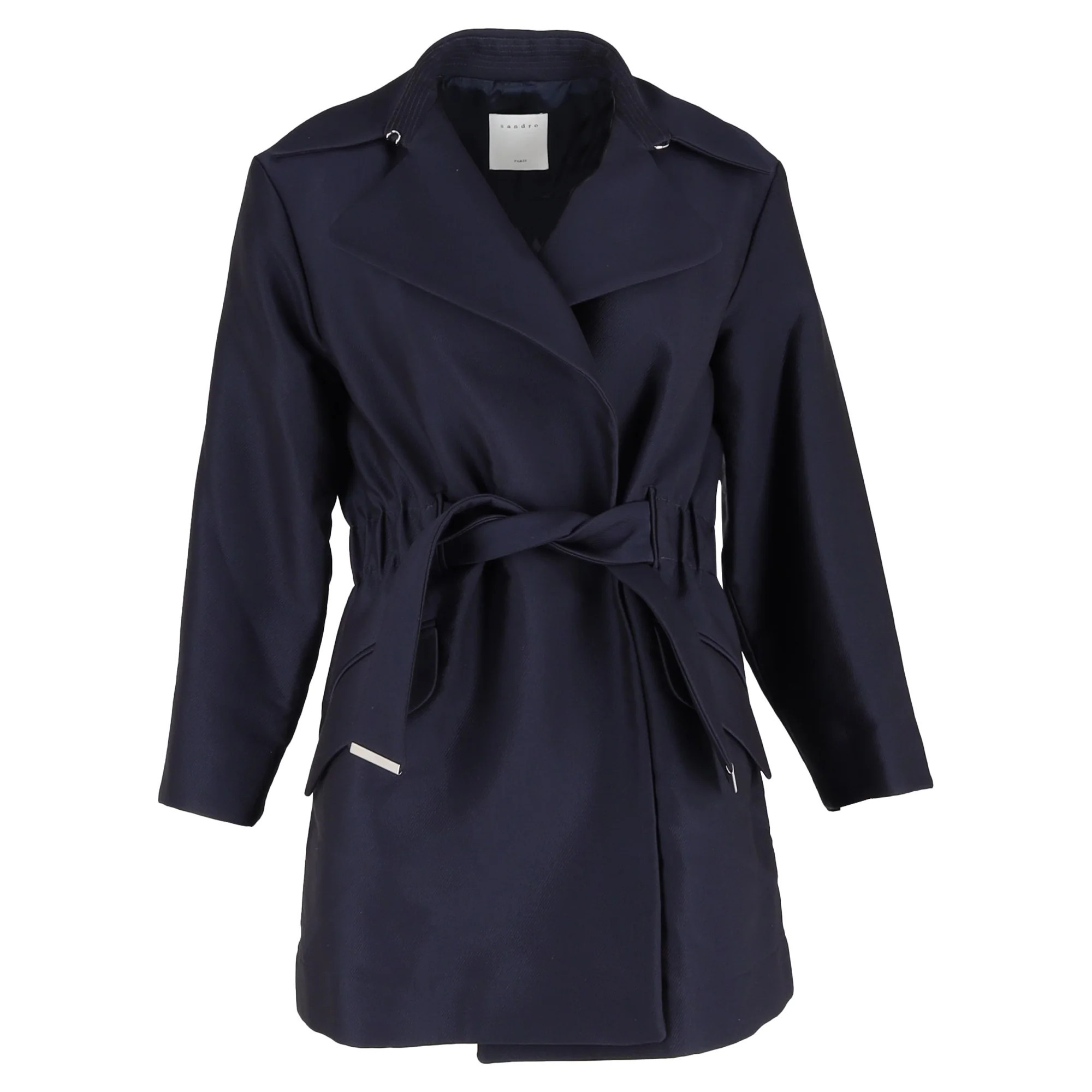 Sandro Marius Spread-lapel Belted Coat In Navy Blue Polyester | Shop Simon