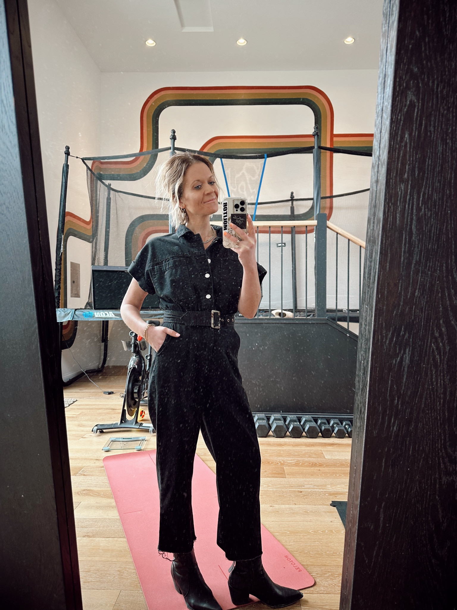 Jean button jumpsuit, business casual fit. I cut off the bottoms to make fringe. Wearing size small. 10/10 recommend. Comfy, stylish, flattering, easy to go to bathroom in. 

#LTKfindsunder100