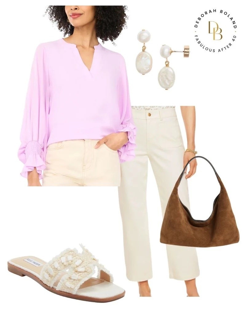 I’m all about those easy summer outfits that feel polished without trying too hard. 💕 This pretty pink blouse paired with white jeans, neutral sandals and a touch of suede is such a fresh, effortless combination. Perfect for a summer lunch, shopping day or just feeling a little more put together. ☀️✨

#LTKOver40 #LTKSeasonal #LTKootd