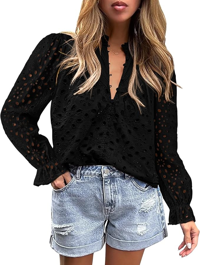 PRETTYGARDEN Women's Dressy Casual Blouse Tops Puff Long Sleeve Button V Neck Hollow Out Lace Emb... | Amazon (US)