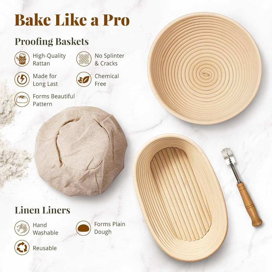 Sourdough Starter Kit, 9" Round & 10" Oval Banneton Bread Proofing Baskets Set, Sourdough Bread B... | Amazon (US)