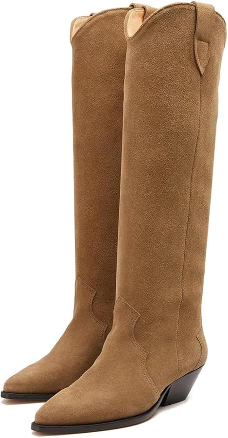 Yishaweiqi Camel Suede Knee High Boots for Women Snip Toe Chunky Heel Cowboy Cowgirl Boots Ladies... | Amazon (US)
