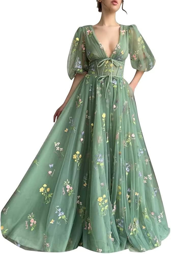 Prom Dresses for Women 2024 Puffy Sleeve Flower Embroidery Tulle Formal Gowns Homecoming Dresses | Amazon (US)