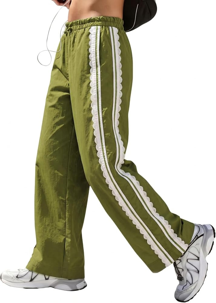 MINSURE Women's Baggy Wide Leg Track Pants Lace Side Stripe Elastic Waist Drawstring Hiking Pants... | Amazon (US)