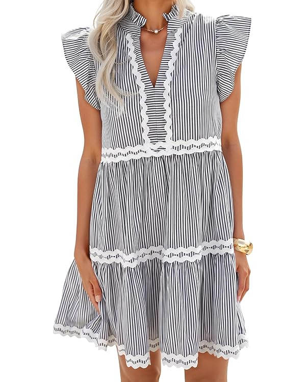 ZESICA Women's Summer Casual Mini Dress 2026 V Neck Flutter Sleeve Striped Ruffle A Line Beach Va... | Amazon (CA)