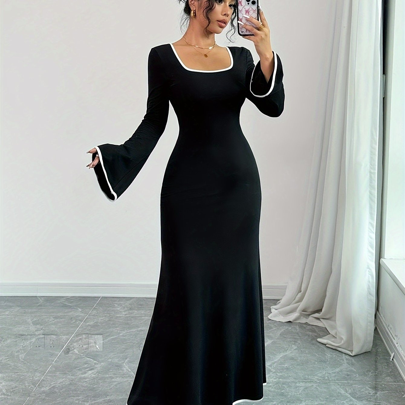 elegant women's maxi dress flared sleeves square neckline - Temu Canada | Temu Affiliate Program