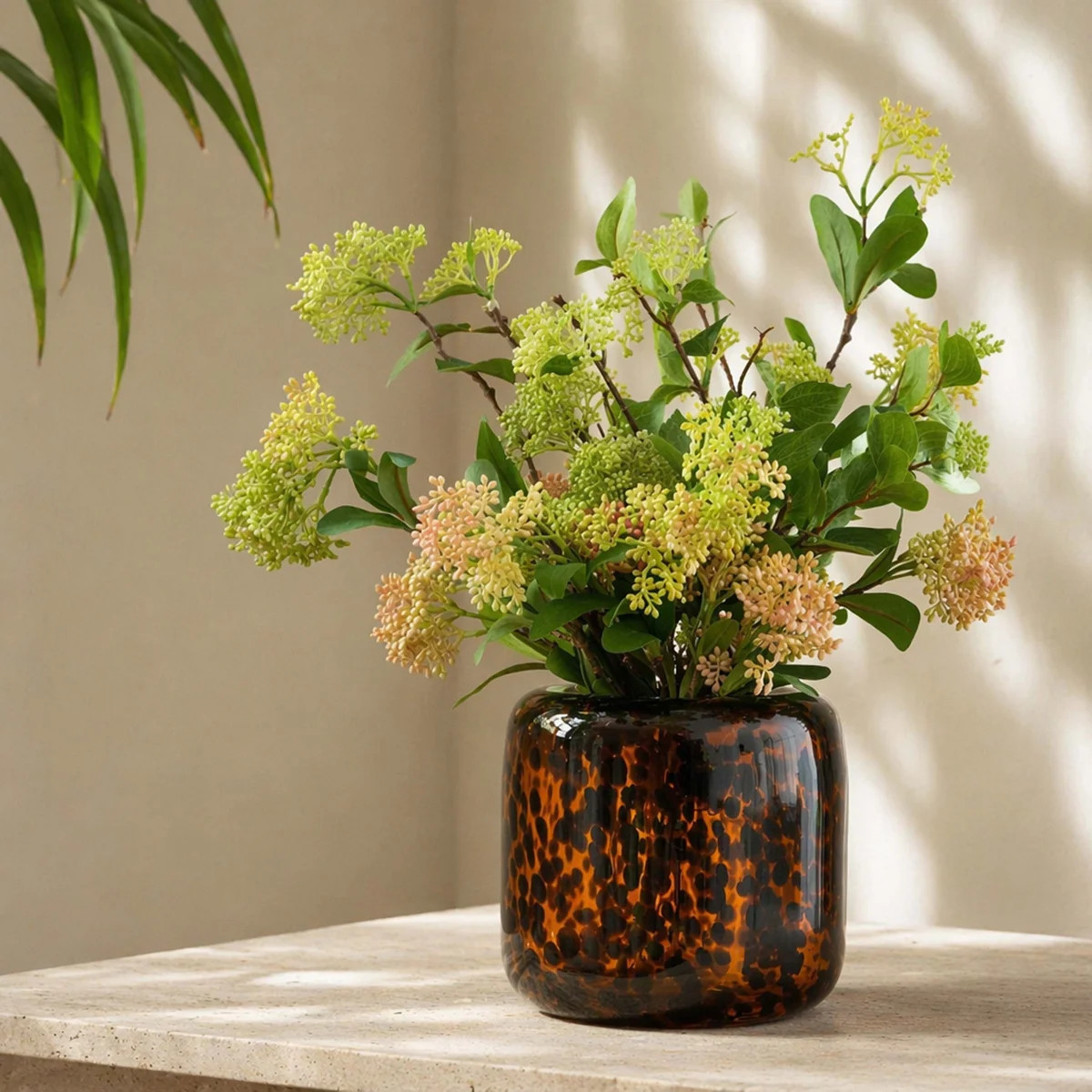 Hand Blown Tortoise Cheetah Print Amber Glass Cylinder Vase, Short Square Rounded Spotted Decorat... | Wayfair North America