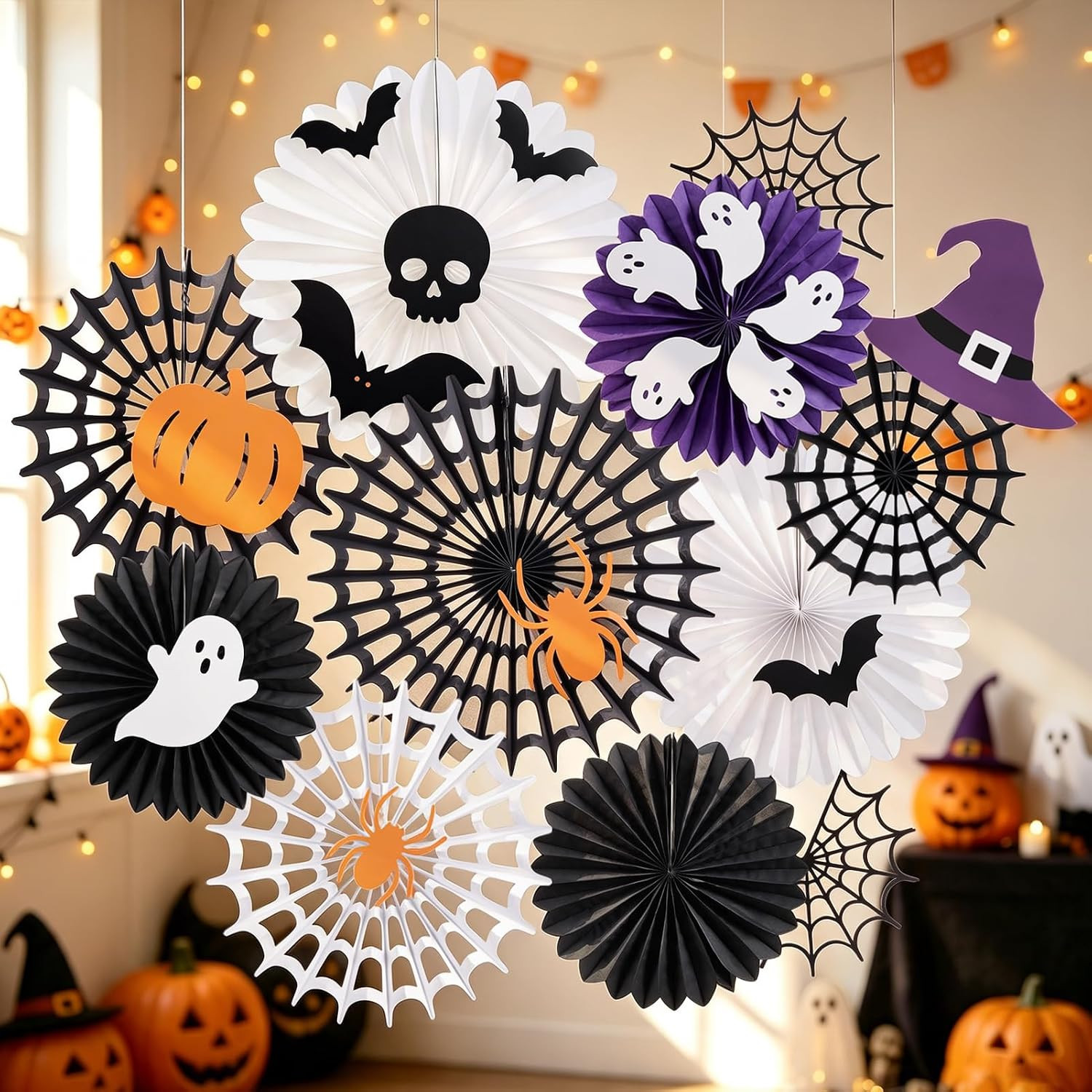 Paper Jazz Hanging Halloween Decorations With Spider Web Paper Fan Cute Ghost Decor,Vintage Halloween Decoration Indoor for Wall With Bat Skeleton Orange And Black Party Decoration For Day Of The Dead | Amazon (US)