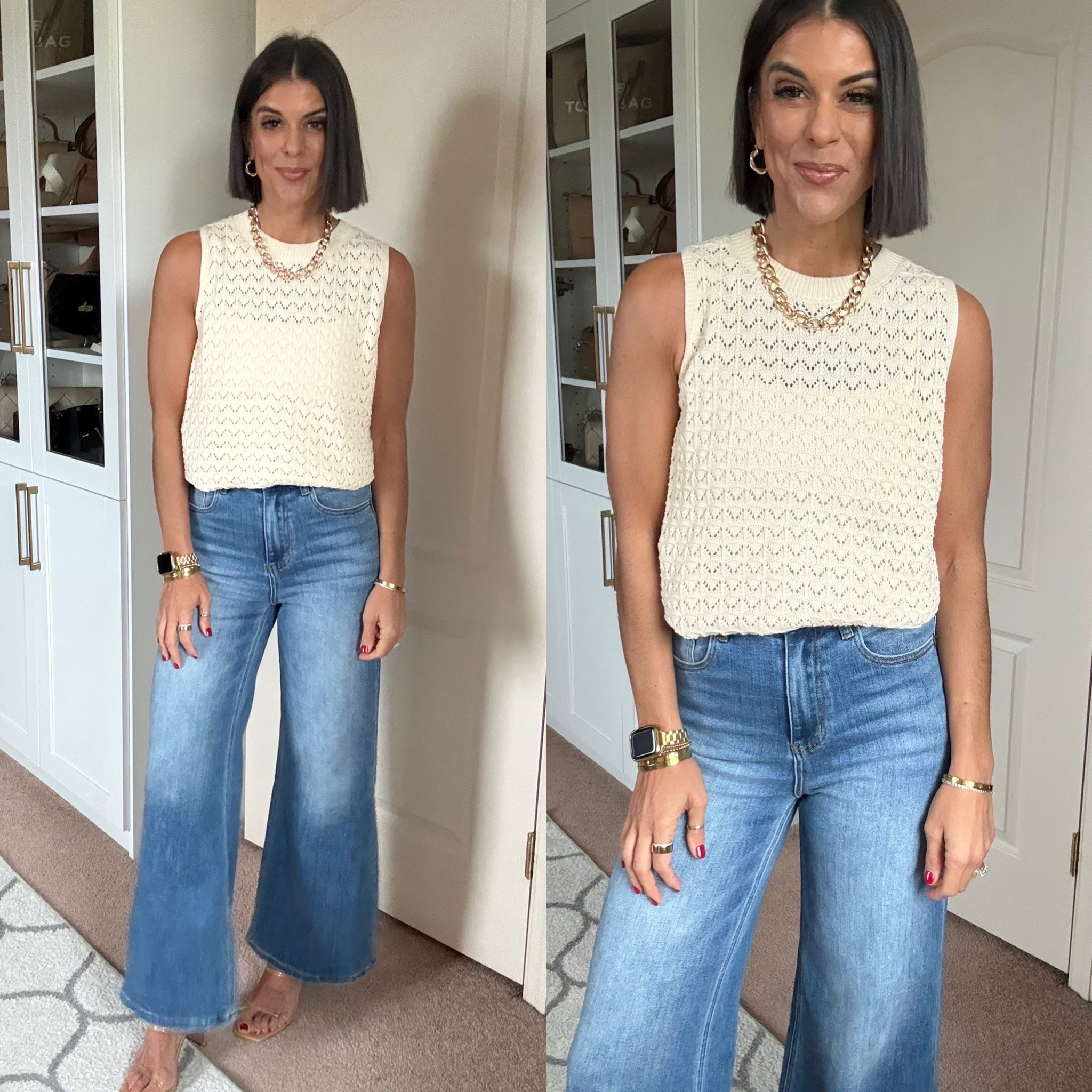 Size small in sweater and tank Size 26 in jeans. Size down if in between

#LTKSeasonal