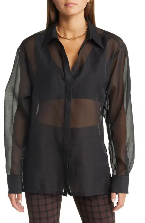 Open Edit Women's Sheer Button-Up Shirt in Black at Nordstrom, Size X-Small | Nordstrom