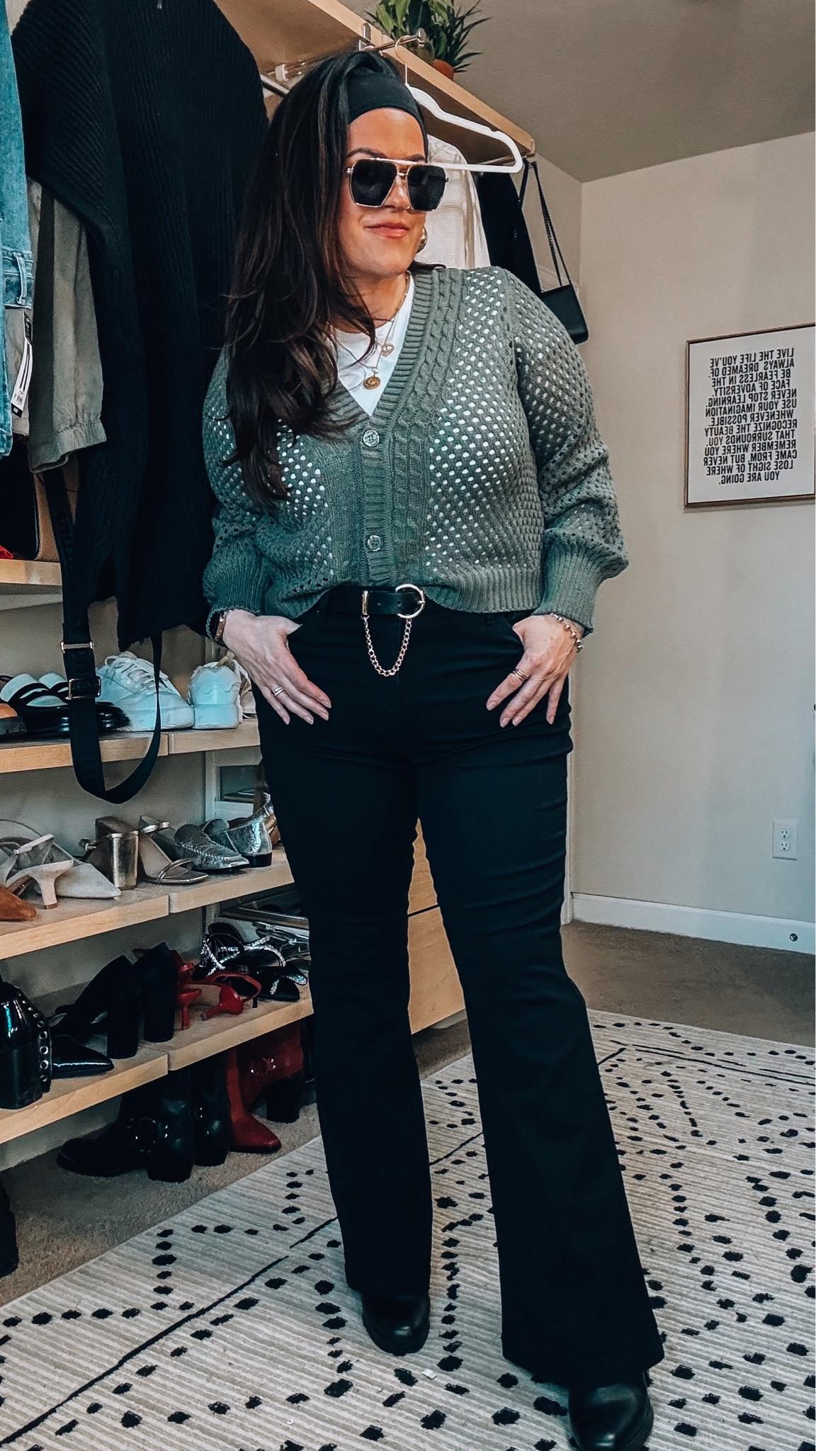 Walmart midsize work outfit idea 
Business casual outfit 
Cardigan xl 
Double lined tee xl 
Black flare jeans size 14 
Belt xl 

#LTKSeasonal #LTKmidsize #LTKworkwear