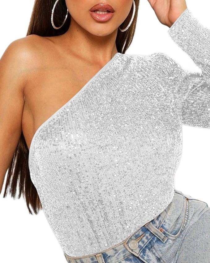 Ababalaya One Shoulder Sequin Bodysuit for Women Glitter Long Sleeve One Piece Top Sparkle Bodysu... | Amazon (US)