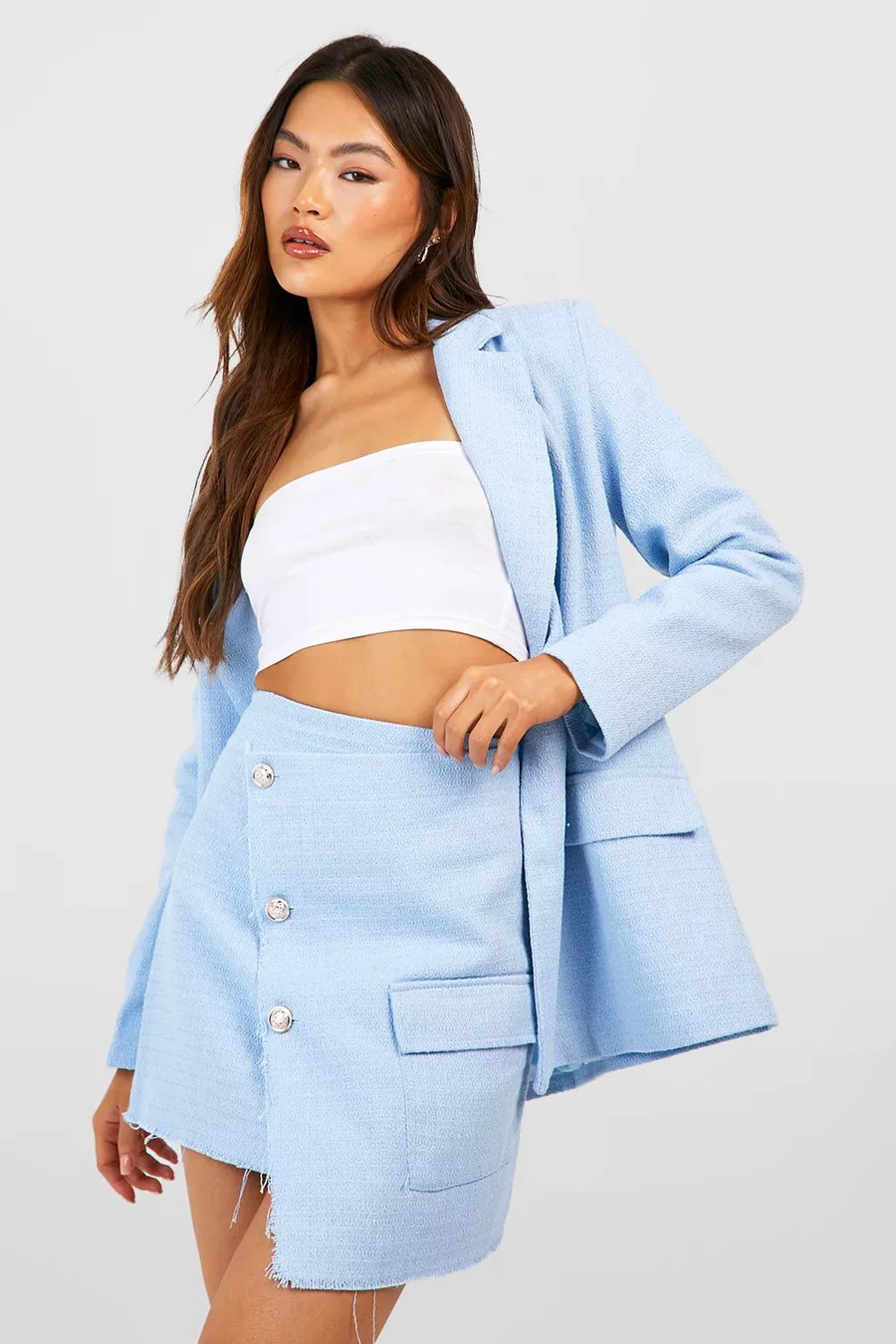 Tweed Button Front Frayed Edge Asymmetric Mini Skirt | Boohoo.com (UK & IE)