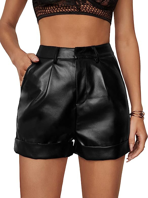 WDIRARA Women's High Waisted PU Leather Shorts Roll Hem Shorts with Pockets | Amazon (US)