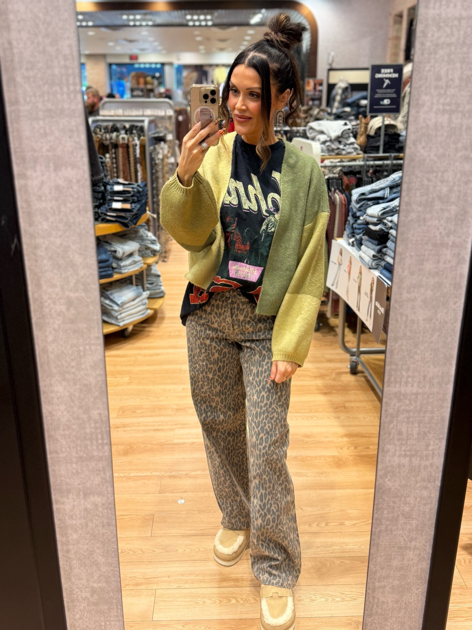 Oversized cardigan
Johnny Cash graphic T-shirt 
Leopard wide leg jeans 
Sherpa lined slide on mules 
All pieces are from the buckle! 

#LTKootd #LTKHoliday #LTKFindsUnder100