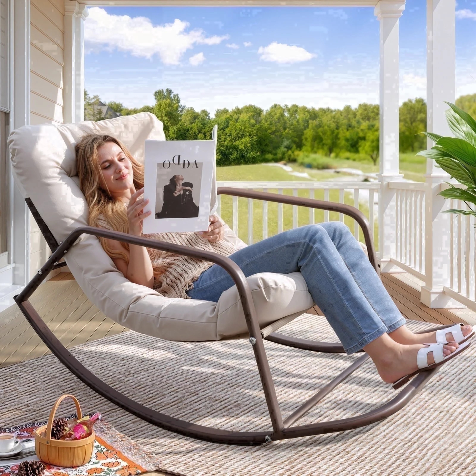 RADIATA Oversized Rocking Chair with Footrest, Patio Papasan Rocking Recliner for Indoor Outdoor ... | Walmart (US)