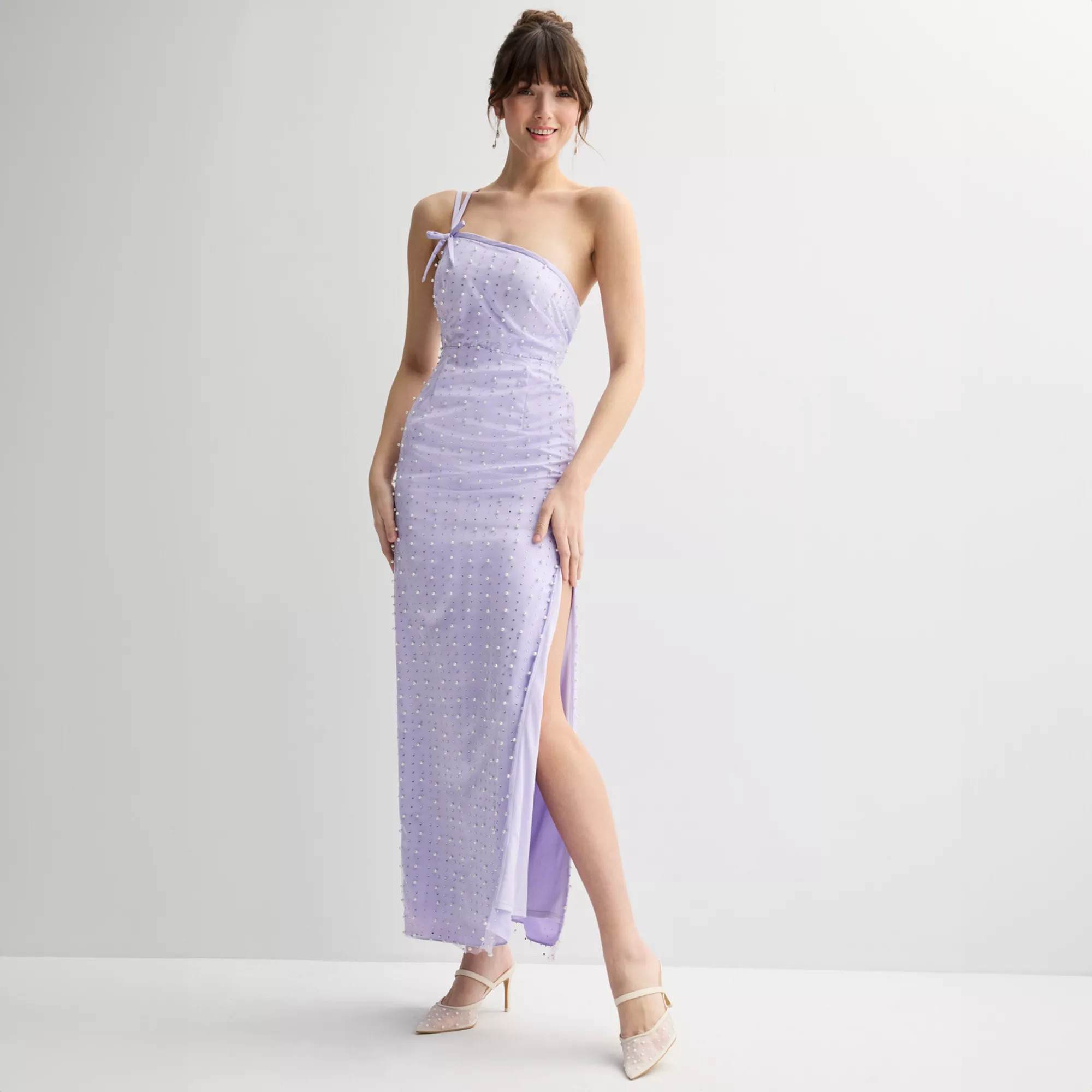 Juniors' Violet Weekend Pearl Embellished One Shoulder Gown | Kohl's