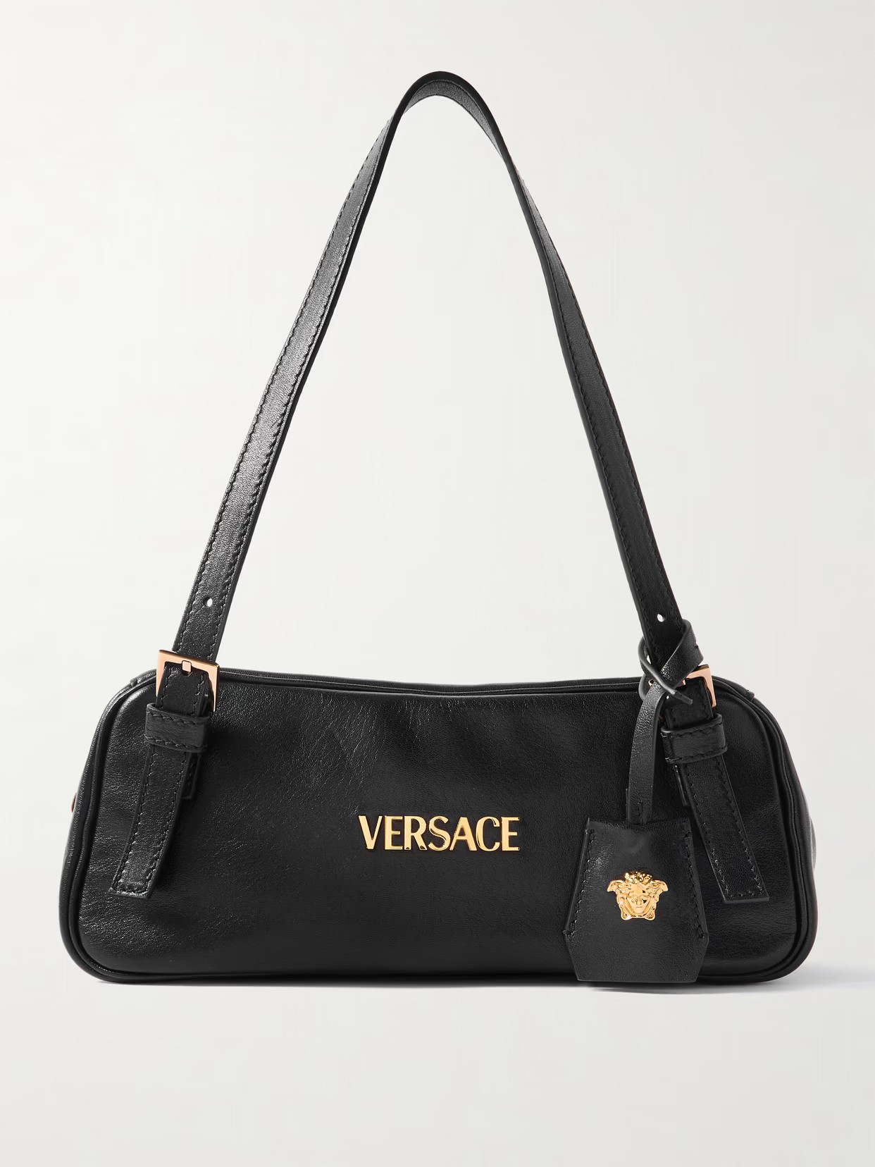 Versace - Tag Embellished Leather Shoulder Bag - Black | NET-A-PORTER (US)